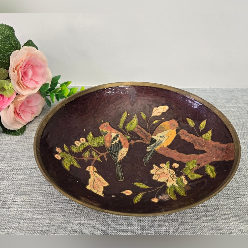 Vintage Cloisonné Enamel‎ Brass Floral Bird Trinket Dish Made In India 9"